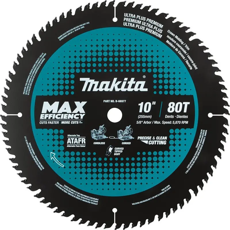 Makita B-66977 10" 80-Tooth Carbide-Tipped Miter Saw Blade — Max Efficiency Series 1