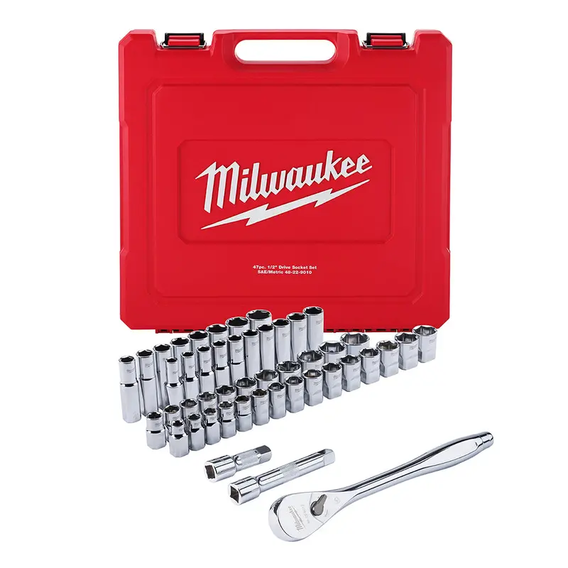 Milwaukee 48-22-9010 1/2" Drive Sae/Metric Socket Set – 47-Piece Ratchet Kit 1