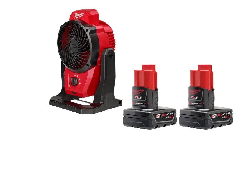 Milwaukee M12 Portable Mounting Fan – 12V Cordless, Dual 3Ah Battery Kit 1